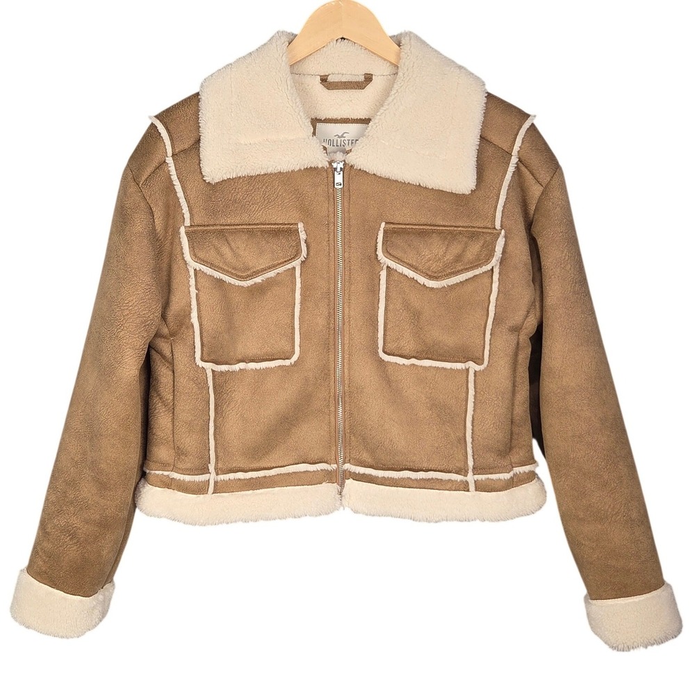 Hollister Aviator Jacket Women Medium Tan Faux Suede Sherpa Lined Cropped Coat